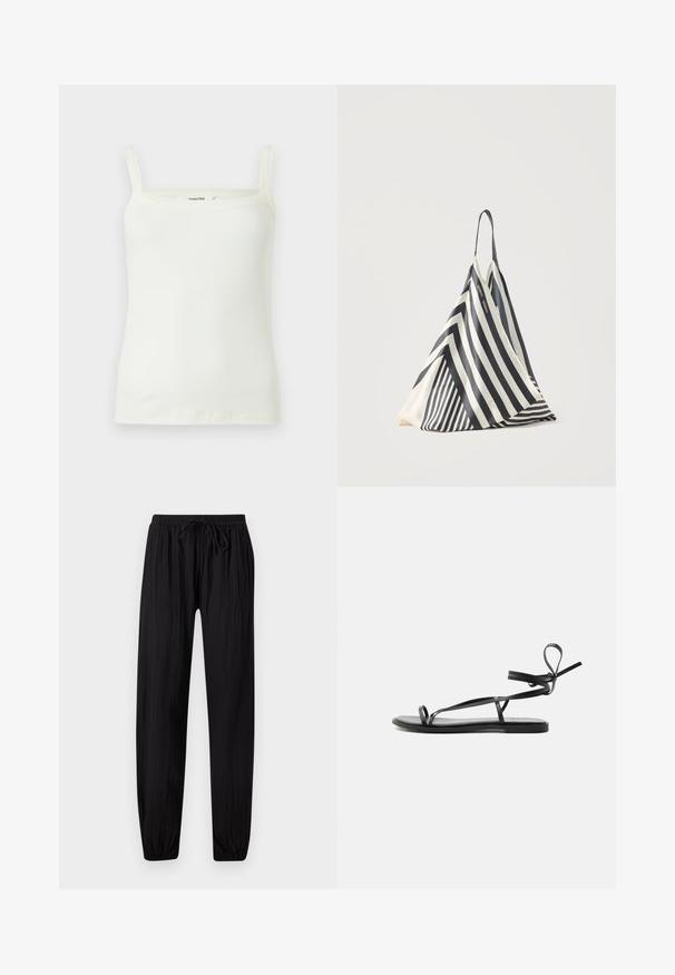Débardeur en maille côtelée blanche avec fines bretelles et encolure droite, présenté sur un fond uni.; Pantalon noir léger coupe ample avec taille ajustable par cordon et poignets élastiques, conçu pour un usage décontracté.; Sandale plate noire avec de fines lanières et un design enveloppant la cheville sur un fond clair uni.; Sac en tissu triangulaire rayé noir et blanc avec une seule bandoulière, debout sur un fond clair uni.