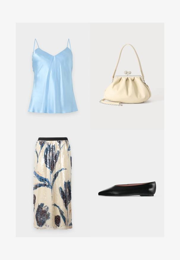 Camisole en satin bleu clair avec fines bretelles ajustables et un léger décolleté en V, présenté sur un fond uni.; Jupe midi beige avec taille élastique noire, grand motif floral bleu et sombre pailleté.; Chaussure plate en cuir noir pour femme, avec bout pointu et petit talon, vue de côté sur un fond gris clair uni.; Sac à main en cuir souple couleur crème avec un design froncé, fermoir cadre argenté, poignée courte et bandoulière chaîne amovible.