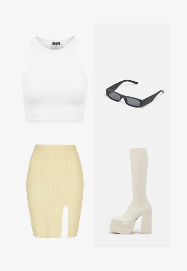 Hvid ribbet cropped tanktop med høj halsudskæring og "Urban Classics XS" label inde i kraven.; Ribbet midi nederdel i lysegul med slidsdetalje foran, der har en tætsiddende silhuet og en blød tekstur.; Steve Madden CYPRESS - Plateaustøvler - off white; Sorte rektangulære solbriller med mørke linser og tykke matte stel. Armen er let tilspidset med en glat overflade.