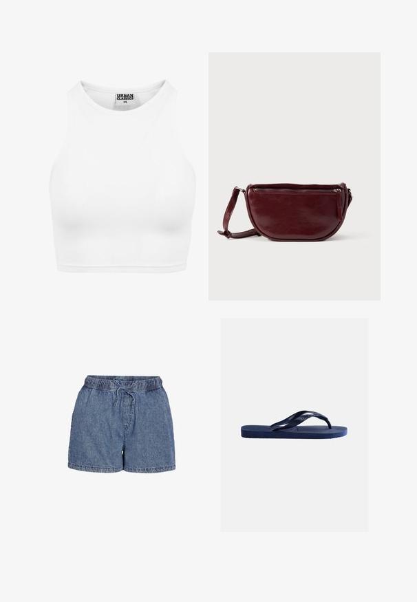 Valge ribaga lühike tanktop kõrge kaelusega ja sildiga "Urban Classics XS" krae sees.; Sinised teksapüksid, millel on elastne vöökoht ja eesnöör, lahtine lõige ning nähtavad õmbluselemendid valgel taustal.; Tumesinise värvusega kummist varbavahe sandaal tekstureeritud tallaga ja Y-kujulise kinnitusega, ühtlasel heledal taustal.; Tumepunane poolkuu-kujuline nahast käekott, millel on tõmblukuga sulgur ja eemaldatav rihm. Sile tekstuur ja nõrk läige.