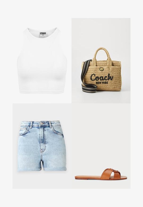 Valge ribaga lühike tanktop kõrge kaelusega ja sildiga "Urban Classics XS" krae sees.; Hele sinised teksapüksid kõrge vöökohaga, viie tasku ja üleskeeratud äärega. Omavad peent pleekimist ja vasetoonilisi riistu.; Pruun nahast sisselükkatav sandaal, millel on kaks ristuvat rihma ja lame tall. Sile tekstuur, minimaalne õmblus ja ümarad servad.; Kootud heinu käsitasku kahekordsete ülemiste käepidemetega, musta tikitud "Coach New York" logo, kuldse riistvaraga ja eemaldatava triibulise õlavöödiga.