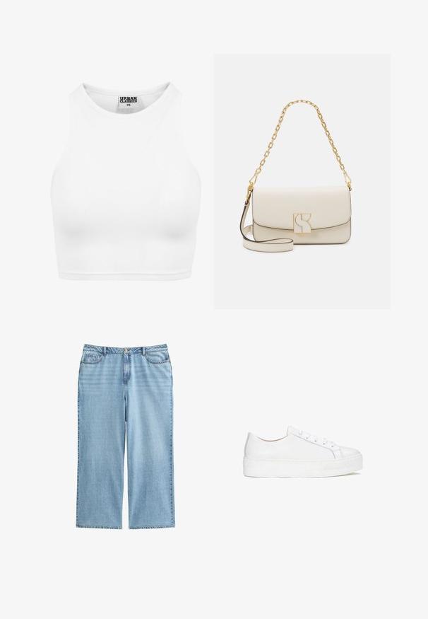 Top corto de tirantes blanco acanalado con cuello alto y etiqueta "Urban Classics XS" en el interior del cuello.; Culottes de mezclilla azul claro con cintura alta, piernas anchas y diseño de cinco bolsillos, con costuras en contraste y cierre de botón.; Zapatilla blanca de cuero con superficie lisa, punta redonda y suela plana. Presenta cierre con cordones y detalles de costura sutiles.; Bolso de mano de cuero crema con una correa de cadena dorada, que presenta un cierre geométrico y un ribete oscuro en contraste a lo largo de los bordes.