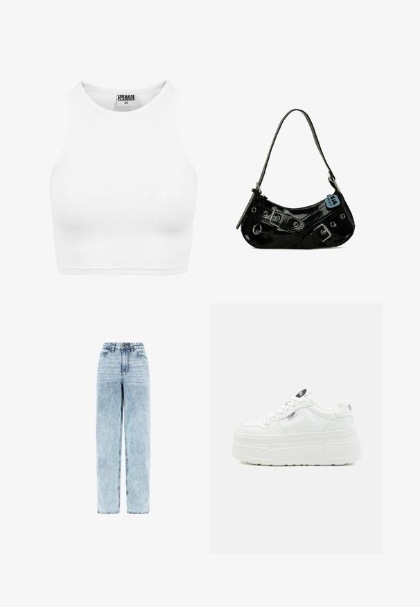 Débardeur court blanc côtelé avec col montant et étiquette "Urban Classics XS" à l'intérieur du col.; Jean taille haute en denim bleu clair délavé, coupe droite, bouton et fermeture éclair à l’avant, poches avant.; Baskets plateforme blanches avec un extérieur synthétique lisse, un bout arrondi, un col rembourré et une semelle texturée. Présente une étiquette logo contrastante.; Sac à main en cuir verni noir avec une forme incurvée, présentant des ferrures en argent, des boucles décoratives et une bandoulière courte. Étiquette bleue attachée.