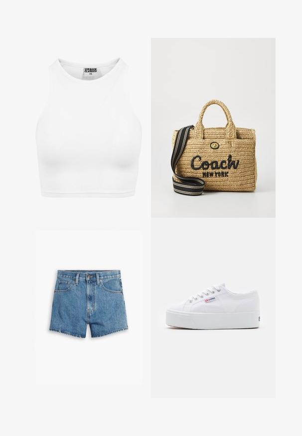 Valge ribaga lühike tanktop kõrge kaelusega ja sildiga "Urban Classics XS" krae sees.; Heledad teksapüksid helesinisena, millel on viis taskut, tõmblukk ja nööpkinnitus. Varrukad on lõdvenenud ja servad on kulunud.; Valge kangast sneaker paksu valge platvormi tossul, ümmargune nina ja metallist augud nööride jaoks. Brändi logo on küljes.; Kootud heinu käsitasku kahekordsete ülemiste käepidemetega, musta tikitud "Coach New York" logo, kuldse riistvaraga ja eemaldatava triibulise õlavöödiga.