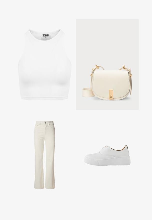 Hvid ribbet cropped tanktop med høj halsudskæring og "Urban Classics XS" label inde i kraven.; Hvide flagrende jeans lavet af denim. Har en høj talje, fem lommer og metallisk knaplukning. Glat tekstur uden synlige mønstre.; Hvid slip-on sneaker med tyk platformsål og rundet tå, designet til afslappet brug.; Cremfarvet læder crossover taske med en buet klap, guldfarvet hardware og en elegant logo plade. Med struktureret overflade og justerbar strop.