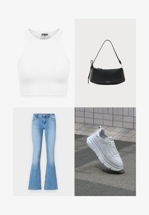 Hvid ribbet cropped tanktop med høj halsudskæring og "Urban Classics XS" label inde i kraven.; Lysblå flagrende jeans lavet af denim med midt-høj talje, med forlommer og syninger langs sømme og kanter.; Hvide lædersneakers med en tyk, tekstureret gummisål, der har snørebåndslukning og syninger. Rund tå og design med ankelstøtte.; Sort læderhåndtaske med en buet form, tekstureret overflade og en enkelt rem. Har lynlås og et logo foran.