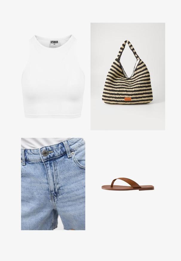 Hvid ribbet cropped tanktop med høj halsudskæring og "Urban Classics XS" label inde i kraven.; Lyseblå denim shorts med høj talje, synlig syning, to forlommer og metalknaplukning. Glat tekstur.; Brun flad sandal med en bred rem, der krydser foden, og en tåstrop, vist fra siden på en hvid baggrund.; Stribet vævet taske i sort og beige, med et slouchy design, tekstureret overflade og et lille lædermærke.