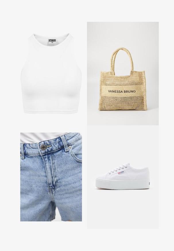 Top corto de tirantes blanco acanalado con cuello alto y etiqueta "Urban Classics XS" en el interior del cuello.; Pantalones cortos de denim azul claro con cintura alta, costuras visibles, dos bolsillos delanteros y cierre de botón de metal. Textura suave.; Zapatilla de lona blanca con una gruesa suela de plataforma blanca, punta redonda y ojales de metal para los cordones. Logotipo de la marca mostrado en el lateral.; Bolso tote tejido en color beige con dos asas y "VANESSA BRUNO" impreso en negro sobre un panel tejido sólido en el centro.