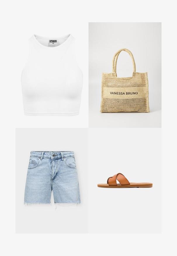 Débardeur court blanc côtelé avec col montant et étiquette "Urban Classics XS" à l'intérieur du col.; Short en denim bleu clair avec ourlets effilochés, bouton à l'avant, fermeture éclair et poches avant et arrière.; Sandale diapositive en cuir marron avec des lanières croisées, semelle plate, texture lisse et caractéristiques de design minimaliste pour un usage décontracté.; Sac fourre-tout tissé beige avec deux poignées et "VANESSA BRUNO" imprimé en noir sur un panneau tissé solide au centre.