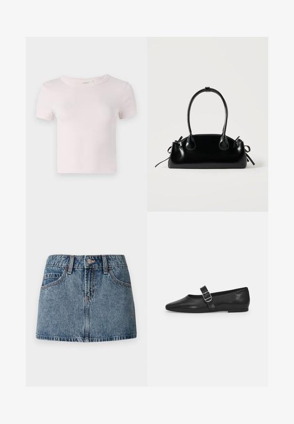 Kortærmet pink bomulds t-shirt med rund halsudskæring og en afslappet pasform. Glat tekstur og enkelt design, velegnet til afslappet brug.; Denim mini nederdel i middelblå vask, med en tætsiddende talje, forlommer og subtile syninger. Glat, struktureret stoffinish.; Sorte læder flade sko med rund tå, et enkelt justerbart spænde og en glat, blank overflade. Minimalistisk design med en lav hæl.; Lille sort blank håndtaske med to lange håndtag og snøre-detaljer i siden på en ensfarvet lys baggrund.