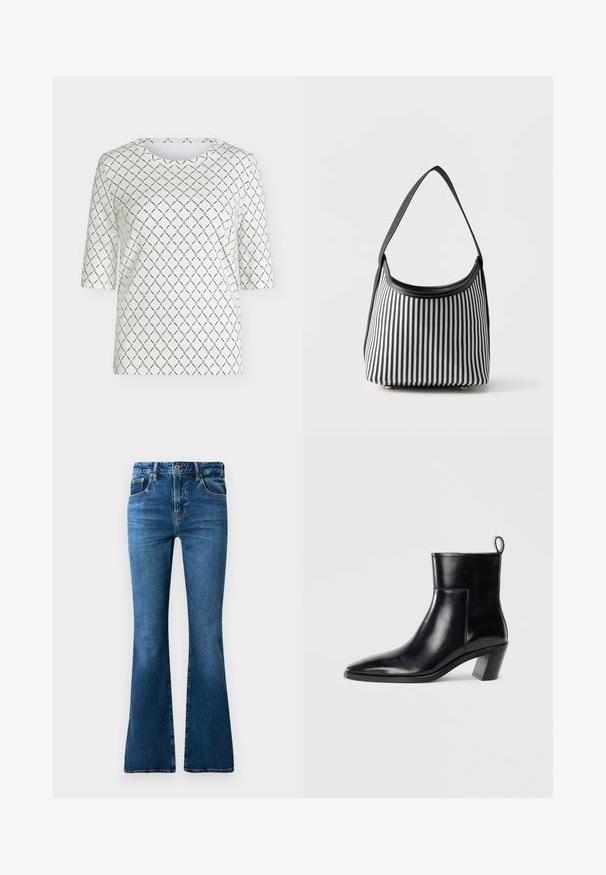 Hvid top med korte ærmer med sort kædelinks mønster, der danner diamanter over hele stoffet, og rund halsudskæring.; Blå denim flared jeans med medium højt liv, fem lommer, diskret falmning og syninger langs sømmene.; Sort læder ankelstøvle med spids tå, geometrisk stablet hæl og en løftestrop bagpå. Glat tekstur og slankt design.; Sort og hvid lodret stripet håndtaske med enkelt sort rem og afrundet topåbning mod en ensfarvet baggrund.