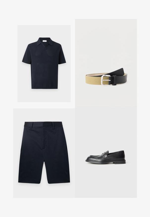 Polo en maille bleu marine à manches courtes avec un motif côtelé vertical texturé et un col décontracté, présenté sur un fond uni.; Shorts bleu marine sur mesure, longueur genou, avec passants de ceinture et fermeture à glissière avant cachée, présentés à plat sur un fond blanc.; Mocassins en cuir noir avec une finition texturée, dotés d'une bride décorative à l'avant et d'un bout arrondi. Semelle en caoutchouc pour plus de durabilité.; Ceinture roulée avec tissu beige tissé d'un côté et cuir noir lisse de l'autre, équipée d'une boucle en métal argenté.