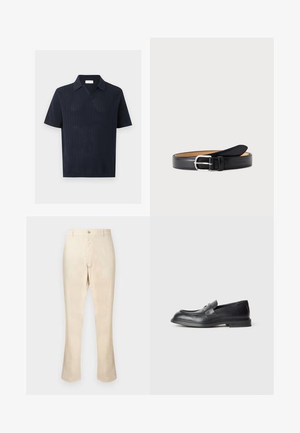 Polo en maille bleu marine à manches courtes avec un motif côtelé vertical texturé et un col décontracté, présenté sur un fond uni.; Pantalon beige en tissu lisse, présentant une coupe droite, une fermeture à boutons sur le devant, sans motifs ni accents visibles.; Mocassins en cuir noir avec une finition texturée, dotés d'une bride décorative à l'avant et d'un bout arrondi. Semelle en caoutchouc pour plus de durabilité.; Ceinture en cuir noir avec boucle rectangulaire argentée, roulée avec la boucle vers l'avant sur un fond clair uni.