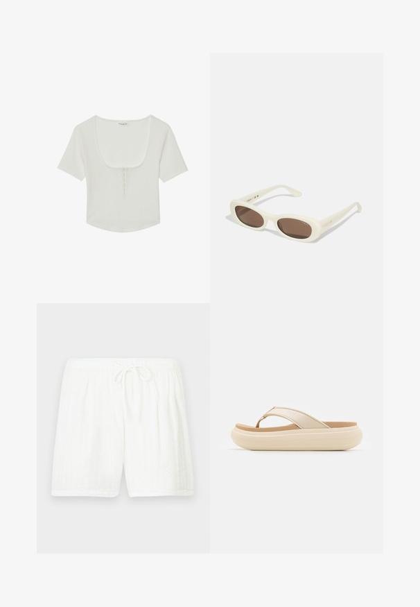 Even&Odd by Zalando Camiseta básica - white; Pantalones cortos blancos de algodón con cintura elástica y cordón. Presentan un patrón texturizado con rayas verticales y bolsillos laterales.; Chancla beige con una amplia correa en los dedos y una suela gruesa y redondeada. Presenta un material superior suave y una plantilla en color marrón que contrasta.; Gafas de sol color crema con lentes en forma ovalada, tintados en marrón, que presentan un acabado brillante y un discreto logo de "Vogue" en el lateral.