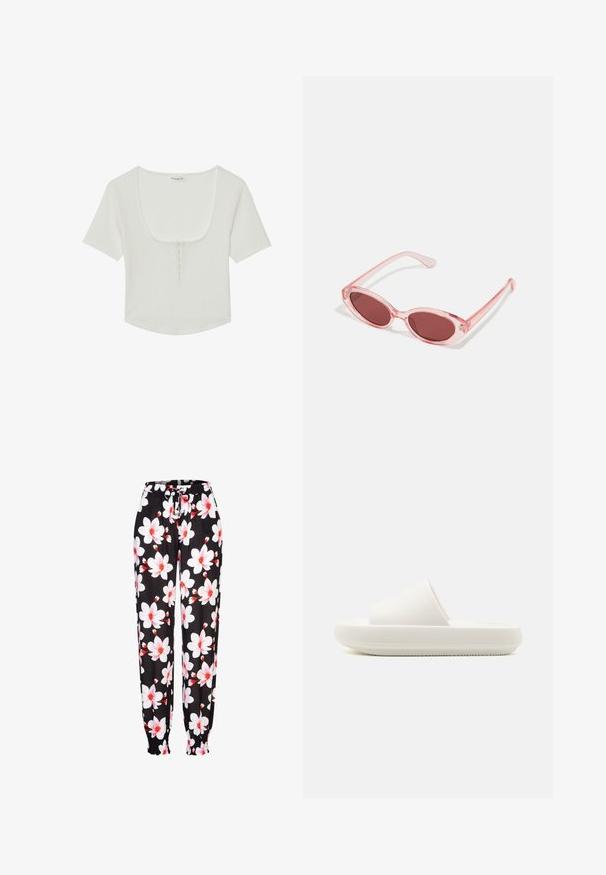 Even&Odd T-Shirt basic - white; Schwarze Stoffhose mit weißem und roten Blumenmuster, elastischem Bund mit Kordelzug und gerafften Bündchen. Leichtes Material.; Weiße Rutschsandale mit einem strukturierten Riemen und einer abgerundeten, erhöhten Sohle. Das Material wirkt glatt und robust mit einem dezenten Muster.; Pink transparente Sonnenbrille mit ovalen Gläsern, dunkler roter Tönung und schlanken Bügeln, ausgestattet mit einer glatten Oberfläche und dezenten Details am Rahmen.