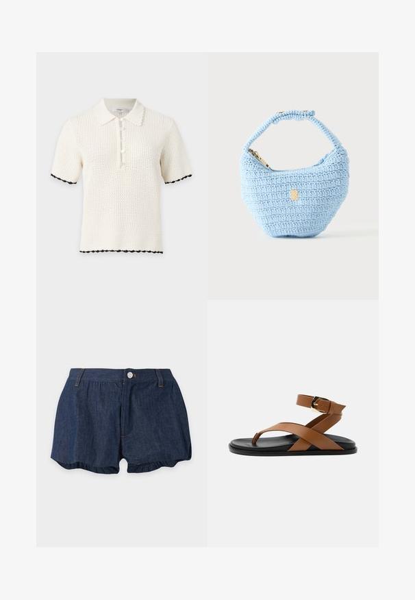 Polo en maille blanc à manches courtes avec col festonné, patte de boutonnage et finitions noires sur les poignets et l'ourlet.; Short en jean bleu foncé avec fermeture à bouton et zip, passants pour ceinture et léger détail froncé aux ourlets des jambes sur fond uni.; Sandale plate avec semelle noire, boucle d’orteil en cuir marron, brides croisées, bride à la cheville et boucle dorée sur fond neutre.; Petit sac à main bleu clair crocheté avec une petite bandoulière et une fermeture éclair dorée, présenté sur un fond clair uni.
