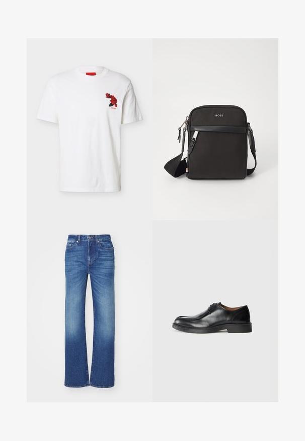 T-shirt blanc à manches courtes avec col rond, petit motif rouge de rose et texte "HUGO" sur la poitrine gauche.; Jean en denim bleu avec une coupe droite, présentant un lavage décoloré, cinq poches, et une fermeture à bouton et zip à la taille.; Chaussure de ville en cuir noir avec un bout arrondi, surface lisse, détails en dentelle et une semelle en caoutchouc texturée basse. Lignes épurées et design minimal.; Sac bandoulière noir en tissu texturé, avec un logo sur le devant, fermeture éclair et une bandoulière réglable. Finitions en cuir lisse.