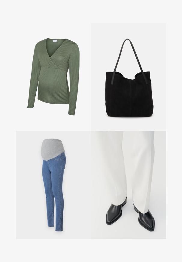 Grøn ribbet graviditetsbluse med lange ærmer og slå-om-design, blød tekstur og tætsiddende pasform, egnet til at rumme en voksende mave.; Graviditetsjeans med en tætsiddende design, blåt denimstof og en blød grå jersey-linning for komfort. Har baglommer og en slim fit.; Sorte spidse ankelstøvler med en glat læderoverflade, lave blokhæle, og parret med hvide brede bukser. Enkel og moderne design.; Sort ruskinds totemed med to lange, flade læderremme. Har en buet topkant og synlige stikninger langs forsiden. Ingen hardware-dekorationer.