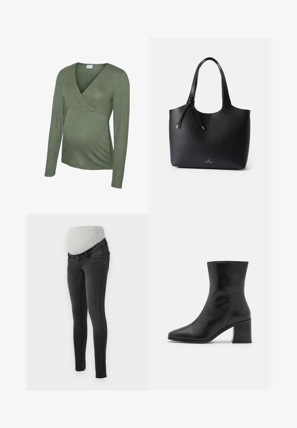 Grøn ribbet graviditetsbluse med lange ærmer og slå-om-design, blød tekstur og tætsiddende pasform, egnet til at rumme en voksende mave.; Mødrejeans i mørkegrå denim med en blød, grå elastisk livlinje for komfort. Slim fit design med standardlommer.; Sorte læder ankelstøvle, spids tå, glat tekstur, mellemhøj blokhæl, minimalistisk design og syede detaljer langs kraven.; Sorte læder tote bag med glat tekstur, åben top, to skulderremme og et diskret guldlogo i bunden. Har en snørelukning.
