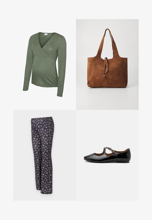 Haut de maternité vert à manches longues côtelées avec un design cache-cœur, une texture douce et une coupe ajustée, idéal pour accueillir un ventre en croissance.; Pantalons noirs avec un motif floral comportant de petites fleurs blanches et violettes. Fabriqués en tissu texturé, conçus avec une coupe droite.; Chaussure plate Mary Jane en cuir verni noir avec deux découpes et une bride à boucle dorée sur fond blanc.; Sac fourre-tout en daim marron avec deux longues poignées, fermeture à cordon et texture lisse. Présente un design simple et des accents minimaux.