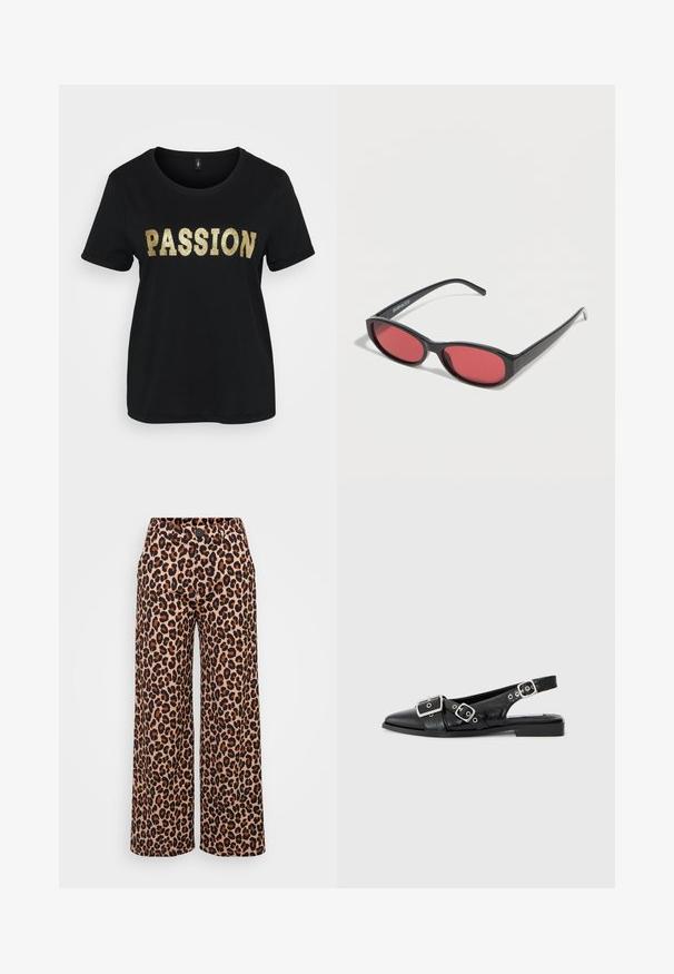 Sort bomulds t-shirt med korte ærmer, der har ordet "PASSION" i guldglitter. Rund halsudskæring, afslappet pasform.; Even&Odd Petite P-EO-AW21-A-003-SP / PETITE_TAILORED WIDE LEG TROUSERS - Bukser - brown; Sorte læderslingbacksko med spids tå, to sølvspænder og en lav blokhæl. Har en struktureret overdel og åben bag.; Sorte ovale solbriller med tynde arme og rødtonede linser, der ligger på en hvid overflade.
