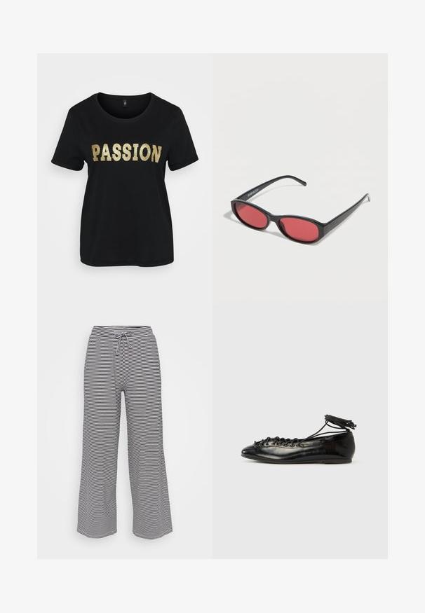 Camiseta de algodón negra con mangas cortas, que presenta la palabra "PASSION" en glitter dorado. Cuello redondo, corte relajado.; Pantalones de pierna ancha hechos de una tela suave con rayas horizontales en blanco y negro, con cintura elástica y cordón para un ajuste ajustable.; Zapatos planos tipo ballet de charol negro con punta redondeada, diseño con cordones y suela plana. Textura lisa con detalles mínimos.; Gafas de sol ovaladas negras con varillas delgadas y lentes tintados de rojo descansando sobre una superficie blanca.