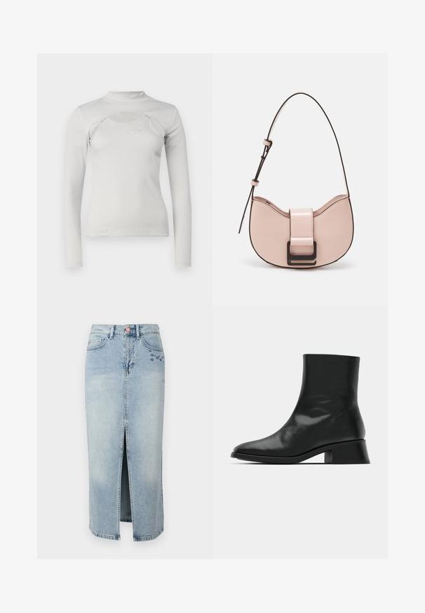 Lichtgrijs lange mouwen top met ribbelstructuur, hoge nek, uitsnijding en klein geborduurd logo op de borst.; Fabienne Chapot CARLYNE SKIRT - Jeansrok - light blue tinted; Zwarte enkelboot van glanzend leer, met een slank ontwerp, spitse neus en een gematigde blokhak voor stabiliteit.; Kleine, gebogen roze leren handtas met een glanzende afwerking, voorzien van een zwarte accentriem en een grote zwarte sluiting. Crossbody ontwerp.