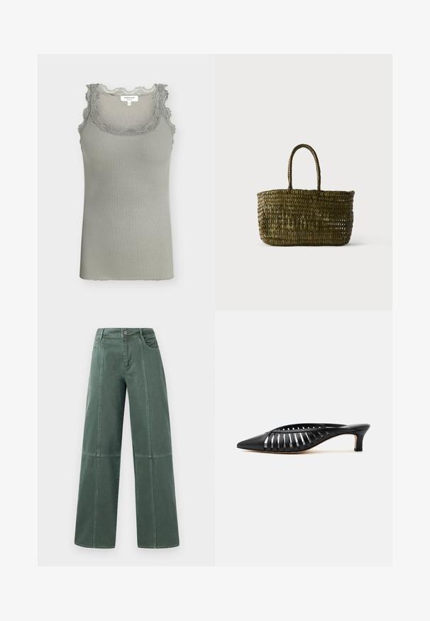 Top sin mangas de canalé gris claro con ribete de encaje alrededor del escote y los hombros, talla pequeña con etiqueta de la marca "Rosemunde".; Pantalones de pierna ancha en denim verde oscuro, con costuras cosidas, cinco bolsillos y cierre de botón en la cintura. Textura suave y diseño casual.; Zapato mule de cuero negro con punta afilada, diseño de tiras con recortes y tacón bajo tipo kitten sobre fondo blanco.; Bolso tote tejido de color verde oliva con dos asas redondeadas sobre un fondo claro liso.