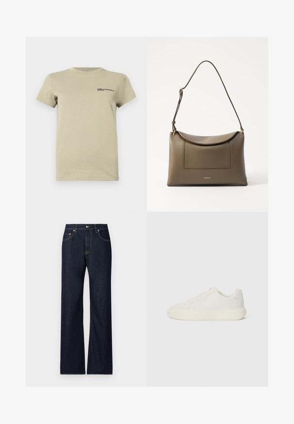 Khaki t-shirt met korte mouwen, gemaakt van zacht katoen, met een ronde hals en een klein zwart logo op de linkerkant van de borst.; Donkerblauwe denim jeans met een recht model, voorzien van vijf zakken, contrasterende gele stiksels en een metalen knoopsluiting.; Witte lage sneakers met dikke zool, vetersluiting, subtiel Calvin Klein-logo op de zijkant en een gecapitonneerd hielpaneel.; Olijfgroene leren handtas met een gestructureerd oppervlak, een klepsluiting en een verstelbare schouderband. Bevat een voorkantvak en hardware in goudkleur.