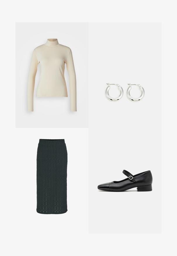 Cremefarvet langærmet turtleneck top lavet af glat, strækbart stof; tætsiddende design med høj hals og ingen synlige mønstre eller detaljer.; Knælængde blyantskirt i mørkegrøn, lavet af struktureret strikstof med et geometrisk mønster og elastisk talje for komfort.; Sorte læder Mary Jane-sko med en patenttå, justerbar ankelrem og lav blokhæl. Glat tekstur og strømlinet design.; Sølv hoop-øreringe med en poleret finish, der har en cirkulær form og en hængslet lukning. Glat tekstur med minimal detaljering.