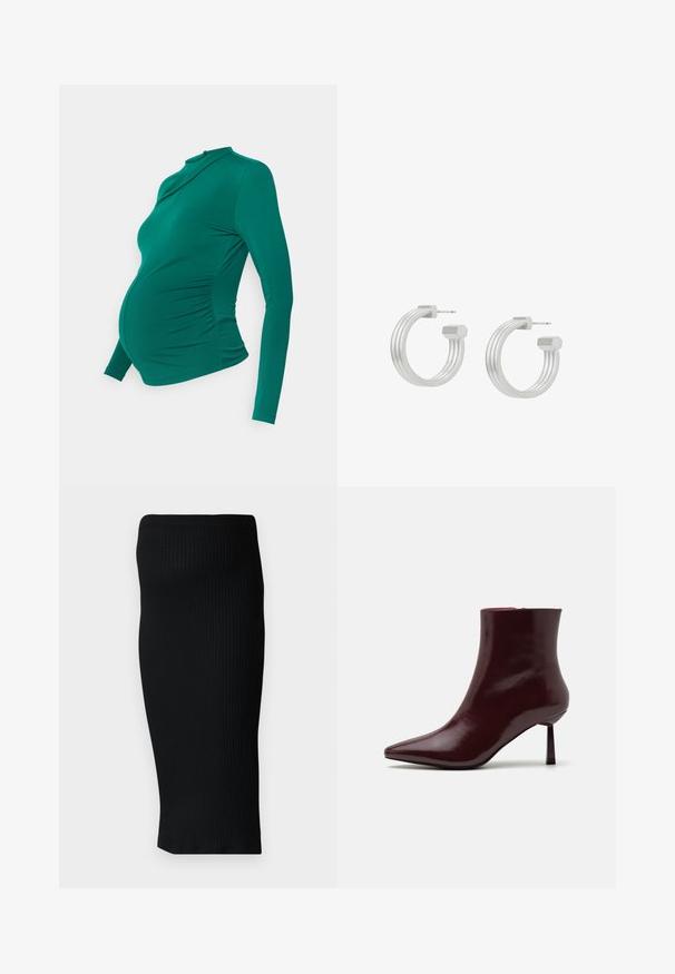 Langarm-Maternity-Oberteil in Türkis, mit Rundhalsausschnitt und gerafften Seiten, um einen wachsenden Bauch zu unterstützen. Glatte Textur.; Schwarzer, gerippter Strick-Midirock mit einer taillierten Silhouette und einem breiten Bund. Glatte Textur, keine sichtbaren Muster oder Akzente.; Burgunderfarbene Lackleder-Stiefelette mit spitzem Zehenbereich und schlankem Stilettosc heel, die eine glatte, glänzende Textur und ein minimalistisches Design aufweist.; Paar silberner Creolen mit geriffelter Textur und sechseckigen Enddetails, ausgestattet mit geraden Steckern für durchbohrte Ohren.