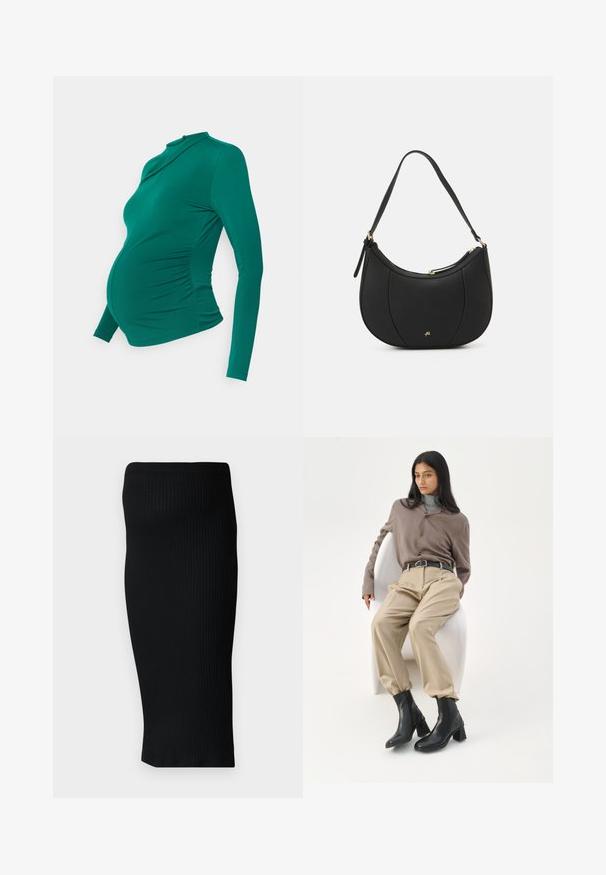 Langærmet ammebluse i teal, med rund halsudskæring og gathered side detaljer for at rumme en voksende mave. Glat tekstur.; Sort ribbet strik midi-nederdel med en tætsiddende silhuet og en bred taljeelastik. Glat tekstur, ingen synlige mønstre eller accenter.; Kvinde med langt sort hår, der læner sig op ad en hvid buet stol iført en taupe bluse, beige bukser, sort bælte og sorte ankelstøvler med hæl.; Sort læderhåndtaske med en buet form, struktureret overflade, forreste syninger og et logo i guldfarve. Har en enkelt justerbar rem.
