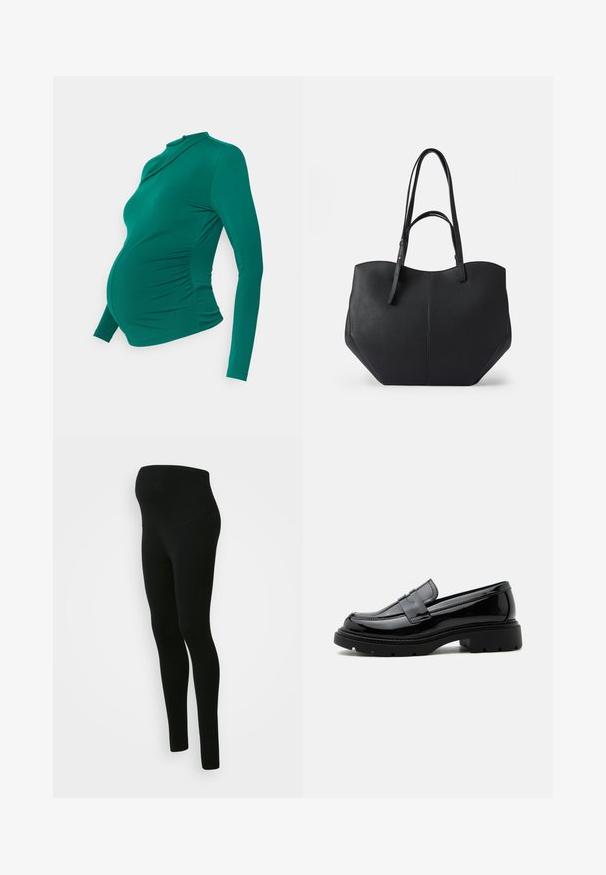 Langermige zwangerschapsblouse in teal, met een ronde halslijn en plooidetails aan de zijkanten om een groeiende buik ruimte te bieden. Glad textuur.; Zwarte zwangerschapsleggings met een hoge, ondersteunende tailleband, een gladde textuur, een aansluitend ontwerp en zonder zichtbare patronen of versieringen.; Zwarte glanzende leren loafer met grove profielzool en pennyriem, zijaanzicht op een effen witte achtergrond.; Zwarte tote bag van glad, textuurleer, met een ronde bovenkant en dubbele lange handvatten. Heeft een hoekige basis voor stabiliteit en een gestructureerd ontwerp.