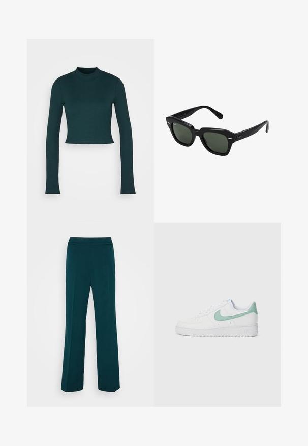 Monki Top s dlhým rukávom - green; Monki Nohavice - green; Biele kožené tenisky s mätovo zeleným Nike swooshom a pätkou, štruktúrovanou podrážkou a klasickým viazaním.; Čierne slnečné okuliare štvorcového tvaru s tmavozelenými sklami, s výraznými rámami a striebornými akcentmi po stranách. Vyrobené v Taliansku.