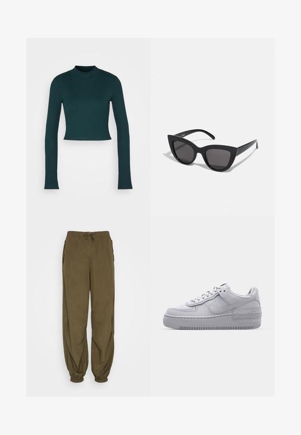 Monki Μπλούζα με μακριά μανίκια - green; ONLY ONLJOANNE LOOSE PANT - Παντελόνι - olive night; Γκρι Nike Air Force 1 αθλητικό παπούτσι με πορώδη μύτη, λεία δερμάτινη επάνω επιφάνεια, χοντρή σόλα και ανάγλυφη λεπτομέρεια 'AIR' στην φτέρνα.; Μαύρα γυαλιά ηλίου με σχήμα γατίσιας ματιού και ματ φινίρισμα, με γκρι φακούς και αιχμηρές γωνίες, καθώς και κομψά μπράτσα. Το όνομα της μάρκας είναι ορατό στο εσωτερικό του μπράτσου.