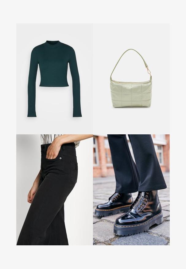 Monki Langærmet T-shirt - green; Sorte jeans i bred benstil med høj talje, forlommer og en baglappe. Glat tekstur med minimale syningsdetaljer.; Sorte lakerede ankelstøvler med en tyk gummisål, sidelukning med lynlås, guldfarvede øjer og kontrastfarvet gult syning.; Polstret grøn skuldertaske med blød tekstur, rektangulær form, enkelt strop og lynlås i guldtoner. Har et quiltet mønster.