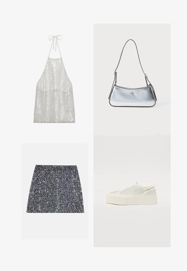 Zilver sequin schort met halternekstrik. Dit schort is gemaakt van een lichte stof bedekt met kleine ronde pailletten die licht en textuur weerkaatsen.; Zilveren pailletten mini rok met een textuurpatroon en een rechte snit. De stof lijkt glanzend en reflecterend.; Witte platform sneakers met een tekstuuroverzicht en iriserende accenten, en een dikke ribbelzool. Veters en een trekband aan de achterkant.; Zilverkleurige metalen schoudertas met een gebogen vorm, dunne zwarte schouderband en subtiele branding. Glide textuur en minimalistisch ontwerp.