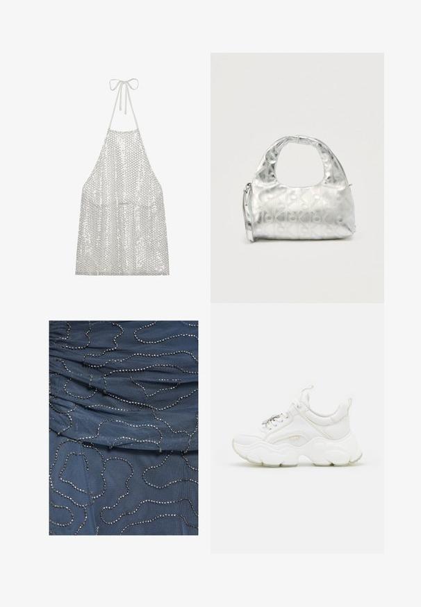 Tablier en sequins argentés avec un lien autour du cou. Il présente un tissu léger recouvert de petits sequins circulaires, réfléchissant la lumière et la texture.; Tissu bleu à texture plissée décoré de lignes perlées argentées irrégulières créant des motifs abstraits en boucles sur la surface.; Baskets blanches chunky en cuir et mesh, dotées d'une semelle épaisse, d'un bout arrondi et de lacets décoratifs. Accents légèrement texturés.; Sac à main argenté avec un motif texturé de formes géométriques et de cercles, doté d'une poignée arrondie et d'une bandoulière amovible.