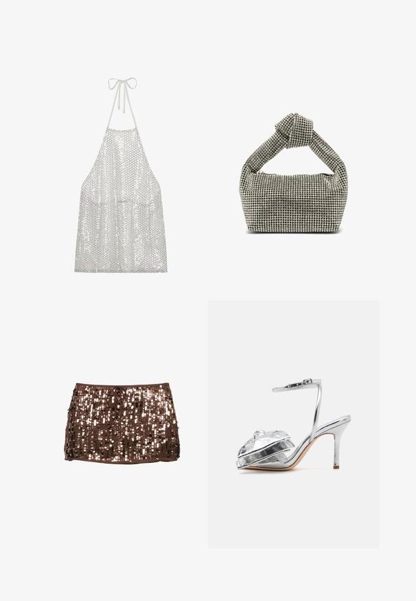 Tablier en sequins argentés avec un lien autour du cou. Il présente un tissu léger recouvert de petits sequins circulaires, réfléchissant la lumière et la texture.; Mini-jupe brune courte recouverte de sequins brillants et munie d'un cordon à la taille, présentée sur fond blanc.; Loeffler Randall MARLENA - Sandales à talons hauts - silver; Sac à main argenté orné d'une poignée supérieure nouée, de forme rectangulaire, recouvert de petits strass ronds, texture lisse.
