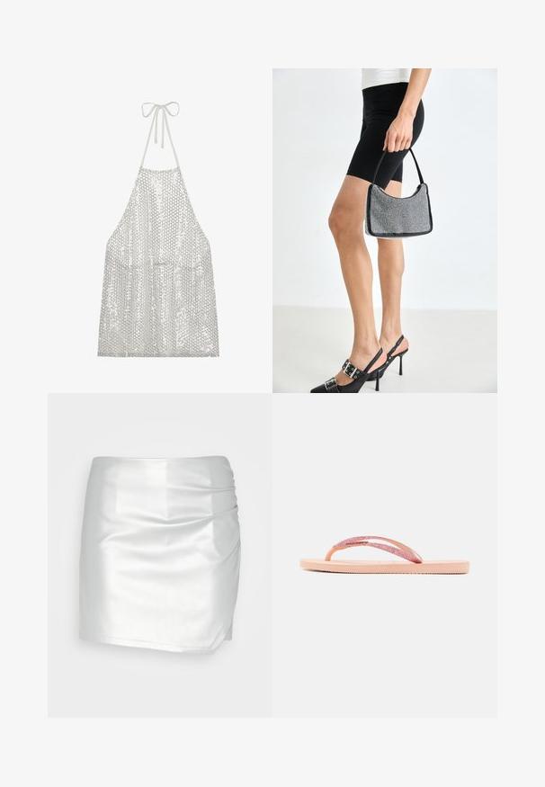 Sølv palietforklæde med halterneck-bånd. Har en letvægtig stof dækket af små cirkulære palietter, der reflekterer lys og struktur.; Even&Odd by Zalando Shorts - silver; Lyserød flip-flop med en glitrende rem, tekstureret gummisål og enkelt fladt design. Der er detaljer som et skinnende forbindelsesstykke.; Sort perlehandtaske med en buet silhuet, bærehåndtag og blank overflade. Båret med højhælede sorte sko og tætsiddende sorte shorts.