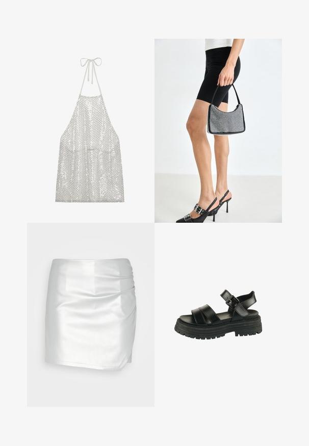 Silberner Pailletten-Schürze mit Halterneck-Bindung. Aus leichtem Stoff, der mit kleinen runden Pailletten bedeckt ist, die Licht und Textur reflektieren.; Even&Odd by Zalando Shorts - silver; Schwarze Sandale mit dicker Sohle, zwei breiten Vorderriemen, Knöchelriemen und silberner Schnalle auf weißem Hintergrund.; Schwarze Perlen-Handtasche mit geschwungener Silhouette, Tragegriff und glänzender Textur. Kombiniert mit schwarzen High Heels und enganliegenden schwarzen Shorts.