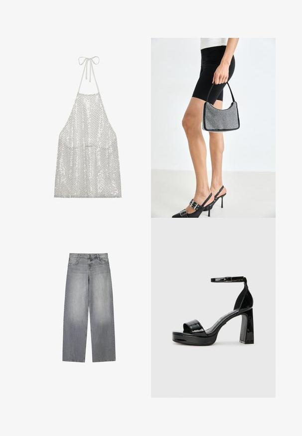 Tablier en sequins argentés avec un lien autour du cou. Il présente un tissu léger recouvert de petits sequins circulaires, réfléchissant la lumière et la texture.; Jean en denim gris à jambes larges avec une finition légèrement décolorée, doté de cinq poches, d'une fermeture à bouton à l'avant et de passants de ceinture.; Buffalo ALICE NEAT - Sandales à talons hauts - black; Sac à main à perles noires avec une silhouette courbée, une poignée de transport et une texture brillante. Porté avec des chaussures à talons hauts noires et un short noir ajusté.
