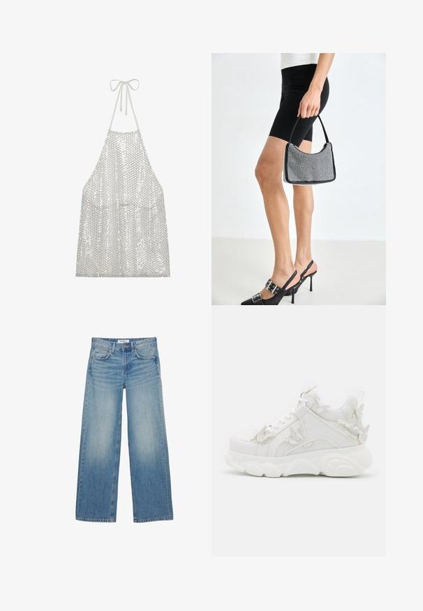 Tablier en sequins argentés avec un lien autour du cou. Il présente un tissu léger recouvert de petits sequins circulaires, réfléchissant la lumière et la texture.; Jean en denim bleu clair à jambes larges, design à cinq poches, fermeture par bouton et fermeture éclair, avec des détails subtils délavés.; Baskets blanches épaisses avec une semelle épaisse et des accents décoratifs de papillons en 3D sur le côté, les lacets et le talon.; Sac à main à perles noires avec une silhouette courbée, une poignée de transport et une texture brillante. Porté avec des chaussures à talons hauts noires et un short noir ajusté.