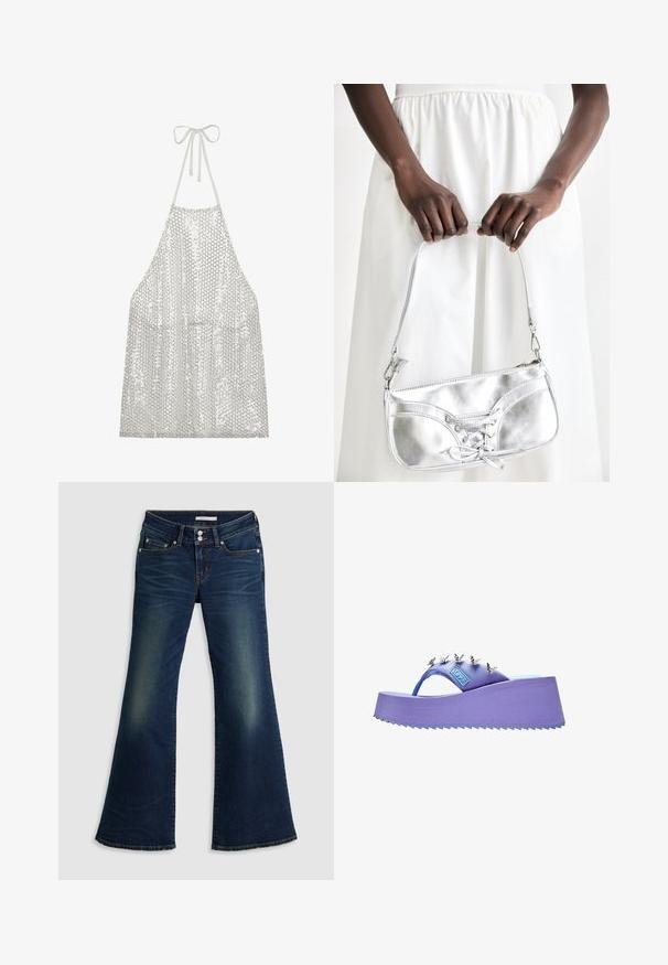 Sølv palietforklæde med halterneck-bånd. Har en letvægtig stof dækket af små cirkulære palietter, der reflekterer lys og struktur.; Mørkeblå denim superlow flare jeans med for- og baglommer, dobbelt knappelukning og slidte detaljer på lår og knæ.; Lilla flip-flop sandal med sølv sommerfugledekorationer på remmen og en struktureret sål.; Sølvmetallic håndtaske med snøredetaljer, der har et slankt design og en kort strop. Tasken holdes i hænderne for at fremvise dens tekstur.