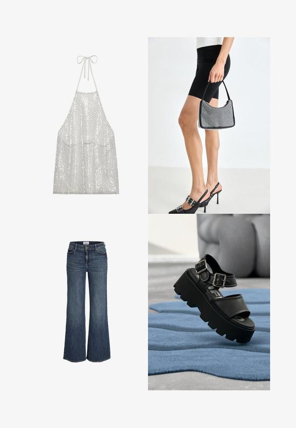 Tablier en sequins argentés avec un lien autour du cou. Il présente un tissu léger recouvert de petits sequins circulaires, réfléchissant la lumière et la texture.; Jean bleu foncé à jambes larges avec poches avant, passants de ceinture, bouton et fermeture éclair, présenté sur fond blanc.; Sandale plateforme noire épaisse avec deux boucles argentées sur un tapis bleu texturé, sculpture grise floue en arrière-plan.; Sac à main à perles noires avec une silhouette courbée, une poignée de transport et une texture brillante. Porté avec des chaussures à talons hauts noires et un short noir ajusté.