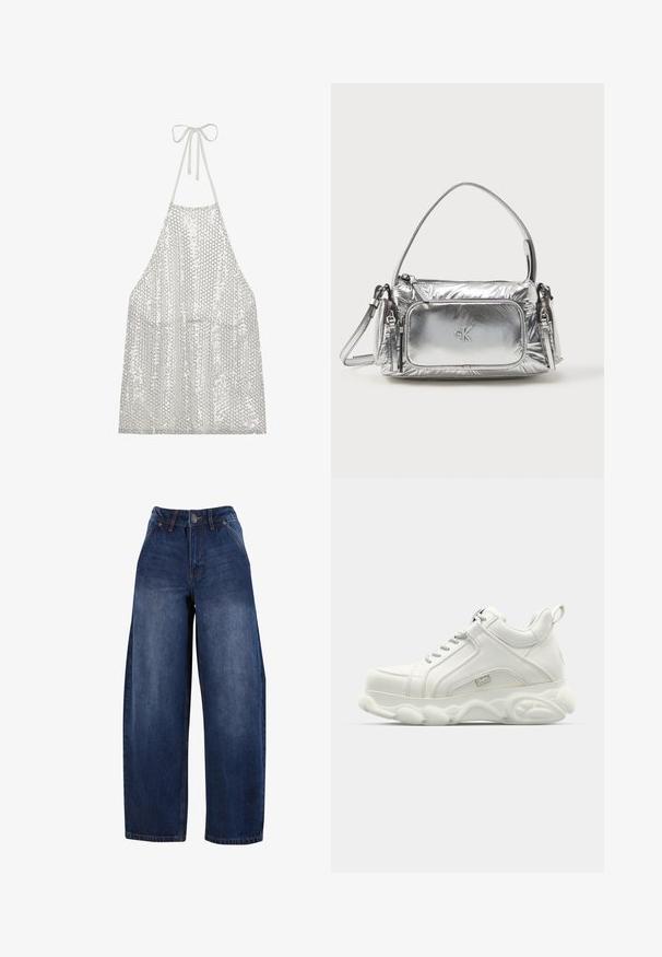 Sølv palietforklæde med halterneck-bånd. Har en letvægtig stof dækket af små cirkulære palietter, der reflekterer lys og struktur.; Mørke denim brede ben jeans med høj talje, fem-pockets design og knaplukning. Stoffet har en let falming og glat tekstur.; Hvide atletiske sneakers med en glat læderoverdel, rund sål og tekstureret accent. Har snørebånd og en slippe-strop bagpå.; Metallic sølv håndtaske med rektangulær form, toplynlås og frontlomme. Har en kort håndtag og justerbar rem. Struktureret overflade.