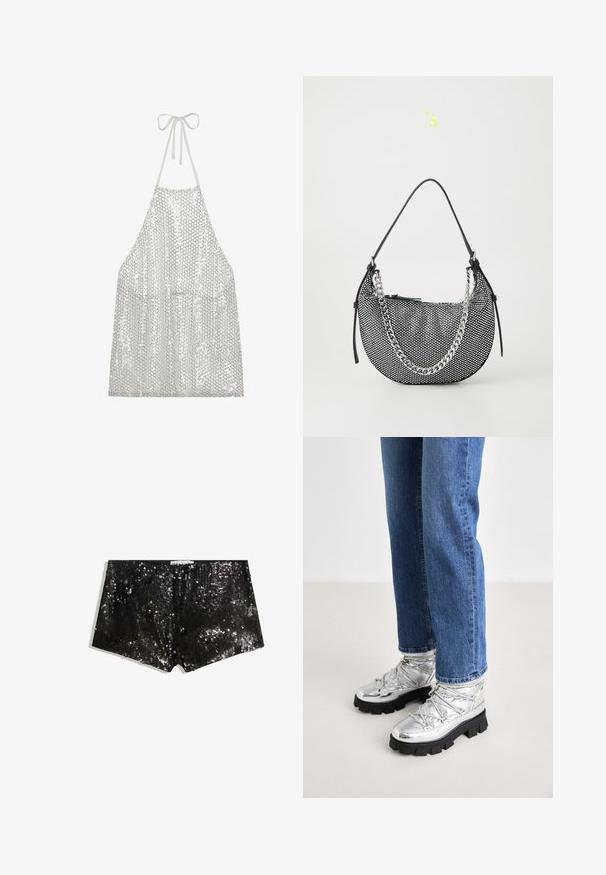 Sølv palietforklæde med halterneck-bånd. Har en letvægtig stof dækket af små cirkulære palietter, der reflekterer lys og struktur.; Sorte pailletshorts med en tætsiddende design. Har glitrende pailletter, glat tekstur og en taljeelastik for en sikker pasform.; Metallic sølv ankelstøvler med en robust sort sål, der har en polstret overdel og snørebånd, kombineret med blå lige ben jeans.; Sort mesh håndtaske i halvmåneform, med en sølv kædestropp og sorte læderdetaljer. Struktureret overflade med lynlåslukning.