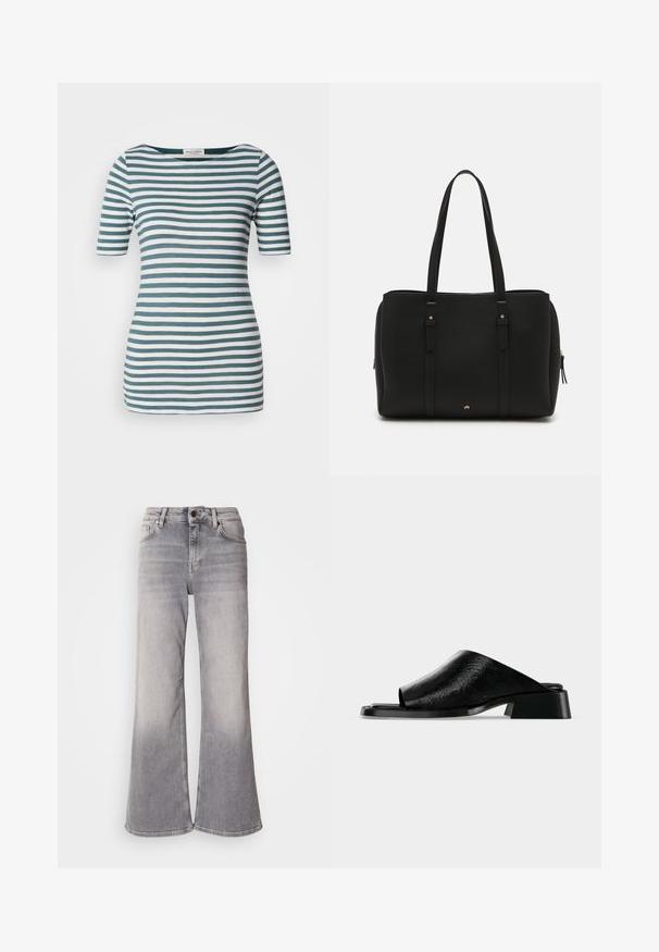 Gestreept T-shirt in teal en wit, gemaakt van zachte katoen. Heeft een ronde hals en korte mouwen, een aansluitende snit en een rechte zoom.; Mos Mosh HERA - Flared Jeans - grey; Zwarte leren open-toe slides met lage blokhak en gladde gestructureerde bovenkant, weergegeven op een effen lichtgrijze achtergrond.; Zwarte draagtas van textuurleer, met twee lange handvatten, een ritssluiting en subtiele gouden accenten op de hardware.