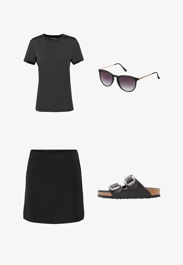 Sort kortærmet t-shirt lavet af glat stof. Har en rund halsudskæring uden synlige mønstre eller detaljer, hvilket giver et enkelt design.; Sort nederdel med lige snit, der har to forlommer og en ren finish. Lavet af et glat stof med minimal detaljering.; Sort sandal med to justerbare remme, sølvspænder og en korksål på en struktureret sort gummisål.; Sorte solbriller med en gradient lilla linse. Katøjeformet med tynde metallik aksenter i guld på stængerne. Glat plastfinish.