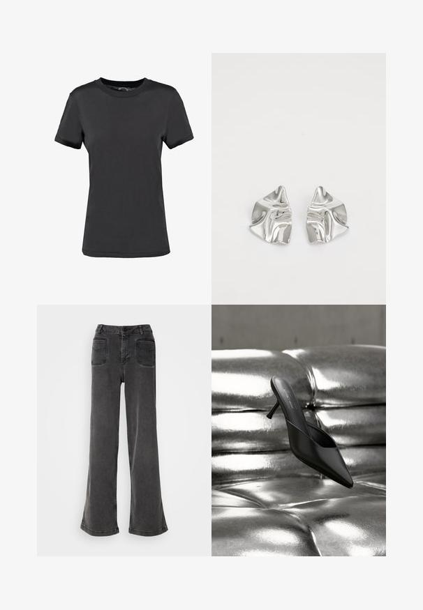 Schwarzes T-Shirt mit kurzen Ärmeln aus glattem Stoff. Verfügt über einen Rundhalsausschnitt ohne sichtbare Muster oder Akzente und bietet ein einfaches Design.; Hoch geschnittene, weit geschnittene schwarze Jeans aus Denim, ausgestattet mit einem Knopfverschluss, Gürtelschlaufen und zwei hinteren Taschen mit gestickten Akzenten.; Schwarzer Mule mit spitzer Spitze und schlankem Absatz, platziert auf einer glänzenden, silbermetallischen, gesteppte Oberfläche.; Silberne Metallohrringe mit einem wellenförmigen, skulpturalen Design, das eine polierte Oberfläche und unregelmäßige Formen aufweist, die eine zeitgenössische Ästhetik betonen.